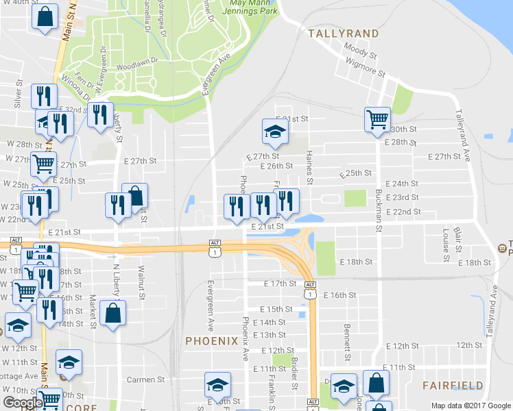 map of restaurants, bars, coffee shops, grocery stores, and more near 1128 Claudia Spencer Street in Jacksonville