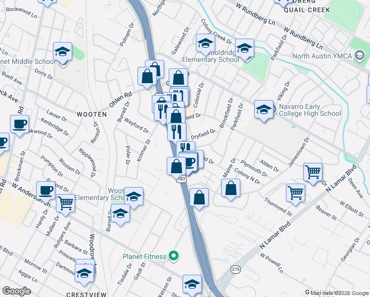 map of restaurants, bars, coffee shops, grocery stores, and more near 8410 Beech Drive in Austin