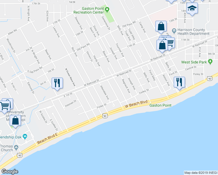 map of restaurants, bars, coffee shops, grocery stores, and more near 807 Hardy Avenue in Gulfport