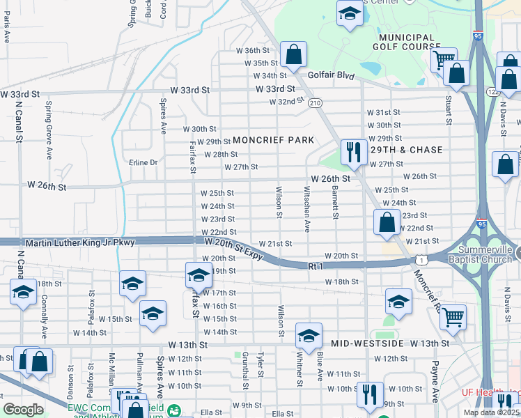 map of restaurants, bars, coffee shops, grocery stores, and more near 1580 W 24th St in Jacksonville