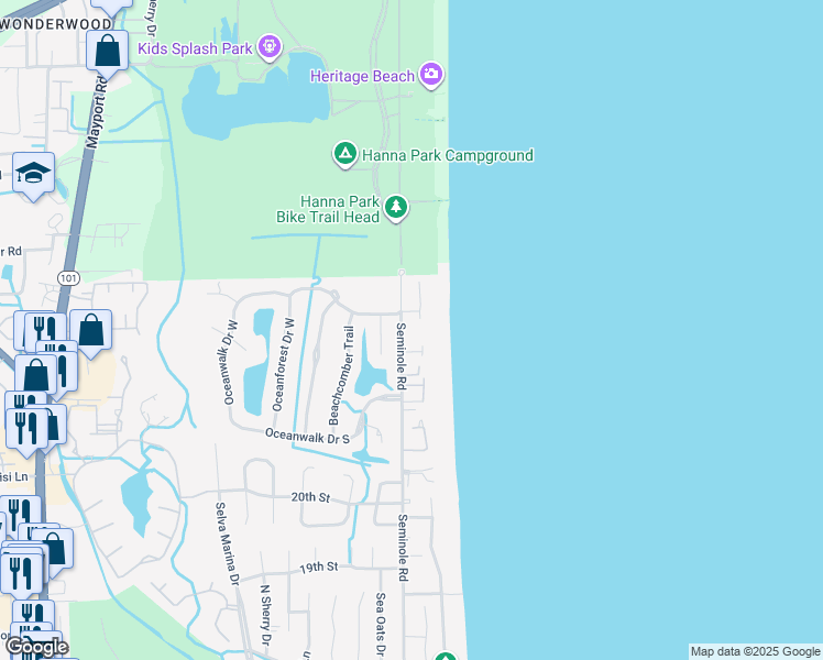 map of restaurants, bars, coffee shops, grocery stores, and more near 2361 Seminole Road in Atlantic Beach