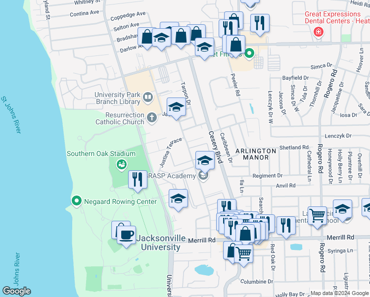 map of restaurants, bars, coffee shops, grocery stores, and more near 3266 Justina Road in Jacksonville