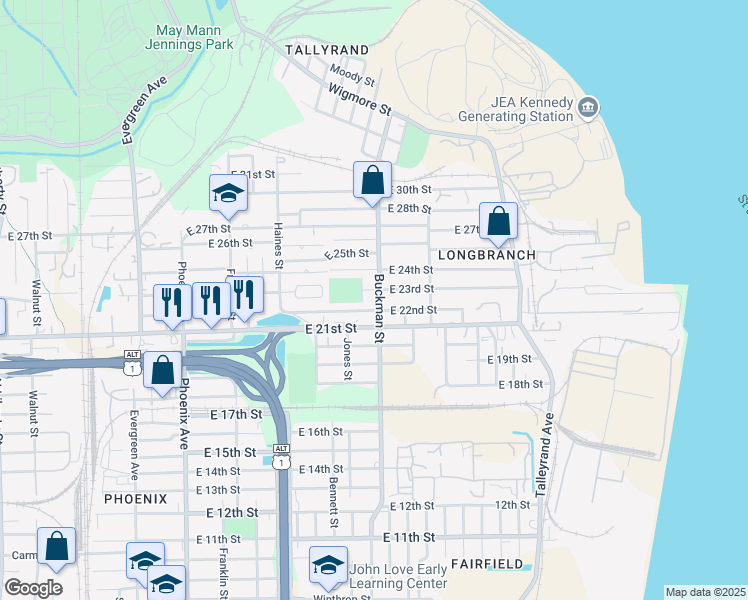 map of restaurants, bars, coffee shops, grocery stores, and more near 3216 Buckman Street in Jacksonville