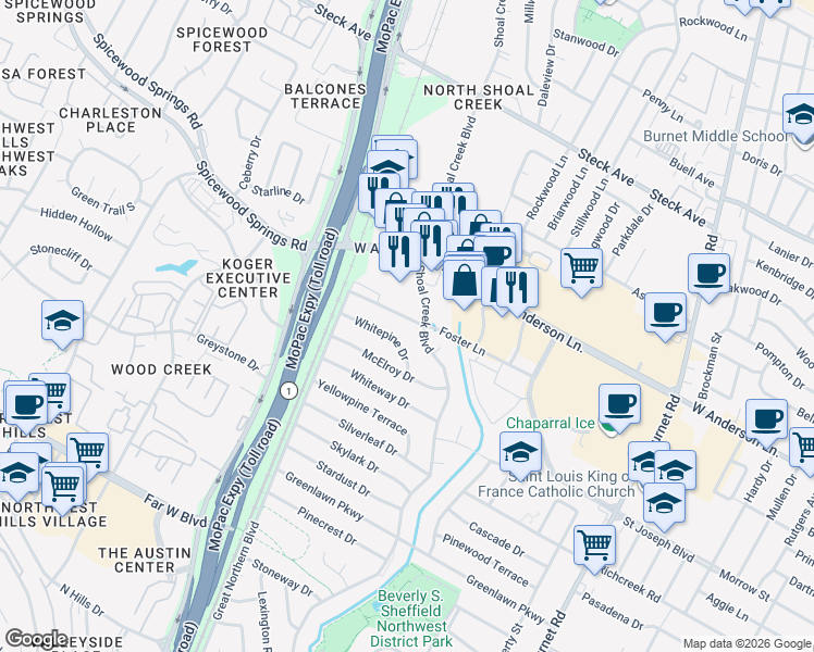map of restaurants, bars, coffee shops, grocery stores, and more near 3105 Foster Lane in Austin