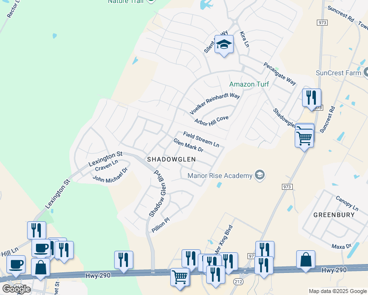 map of restaurants, bars, coffee shops, grocery stores, and more near 13616 Glen Mark Drive in Manor