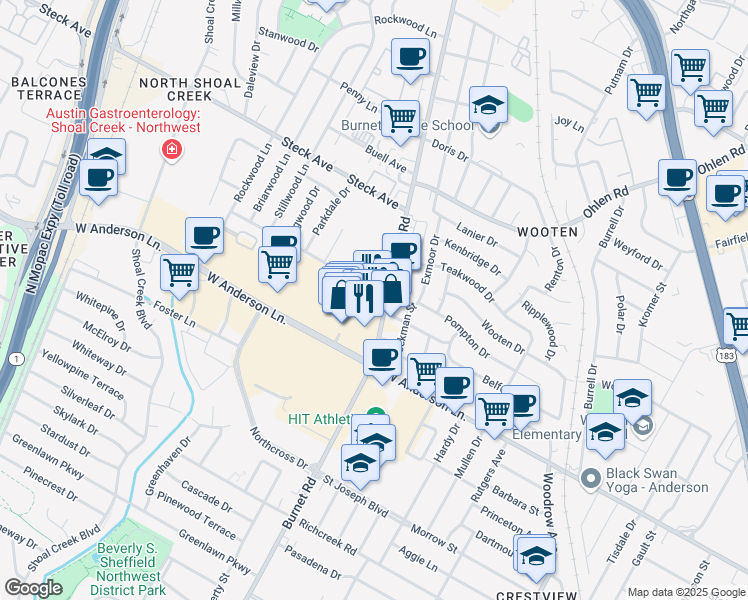 map of restaurants, bars, coffee shops, grocery stores, and more near 8000 Burnet Road in Austin