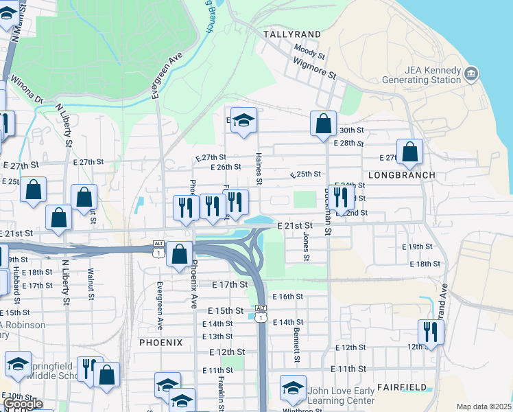 map of restaurants, bars, coffee shops, grocery stores, and more near 3220 Haines Street in Jacksonville
