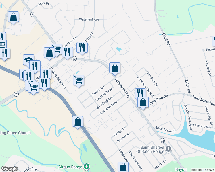 map of restaurants, bars, coffee shops, grocery stores, and more near 17816 9 Oaks Avenue in Baton Rouge