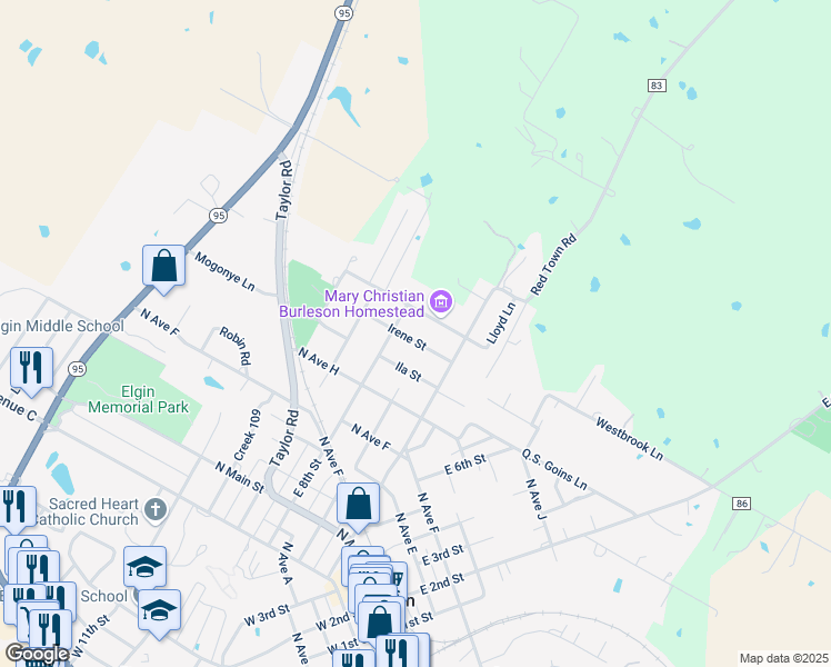 map of restaurants, bars, coffee shops, grocery stores, and more near 121 Irene Street in Elgin