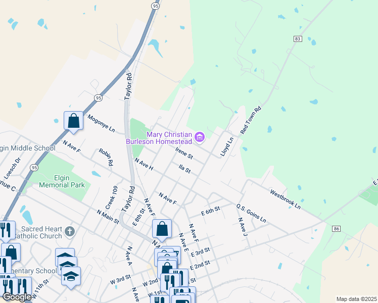 map of restaurants, bars, coffee shops, grocery stores, and more near 121 Irene Street in Elgin
