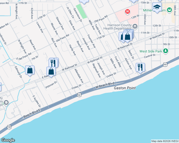 map of restaurants, bars, coffee shops, grocery stores, and more near 728 Ruth Avenue in Gulfport