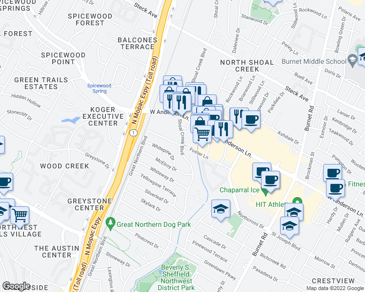 map of restaurants, bars, coffee shops, grocery stores, and more near Shoal Creek Blvd & Foster Ln in Austin
