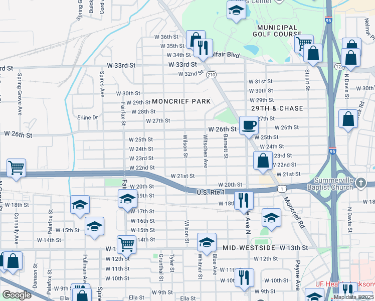 map of restaurants, bars, coffee shops, grocery stores, and more near 1532 West 24th Street in Jacksonville