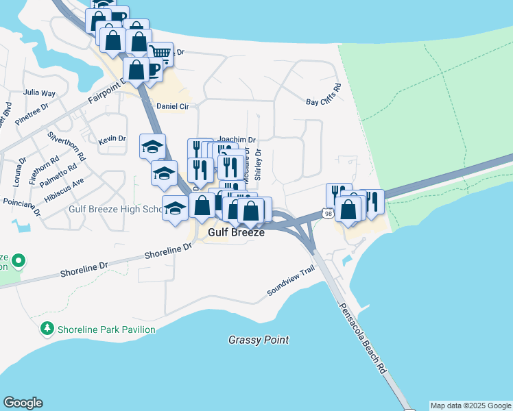 map of restaurants, bars, coffee shops, grocery stores, and more near 42-64 McClure Drive in Gulf Breeze