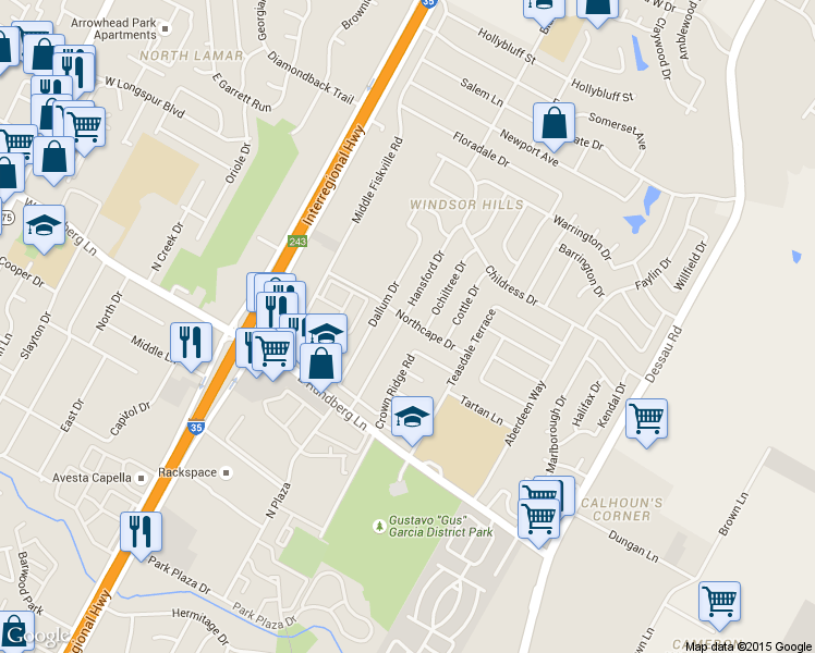 map of restaurants, bars, coffee shops, grocery stores, and more near 9607 Hansford Dr in Austin