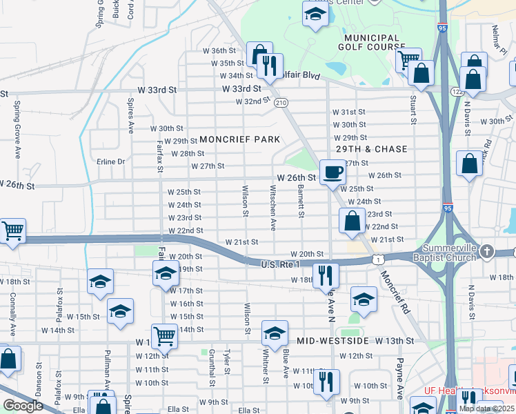 map of restaurants, bars, coffee shops, grocery stores, and more near 1532 West 24th Street in Jacksonville