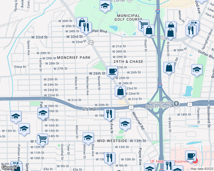 map of restaurants, bars, coffee shops, grocery stores, and more near 1322 West 24th Street in Jacksonville