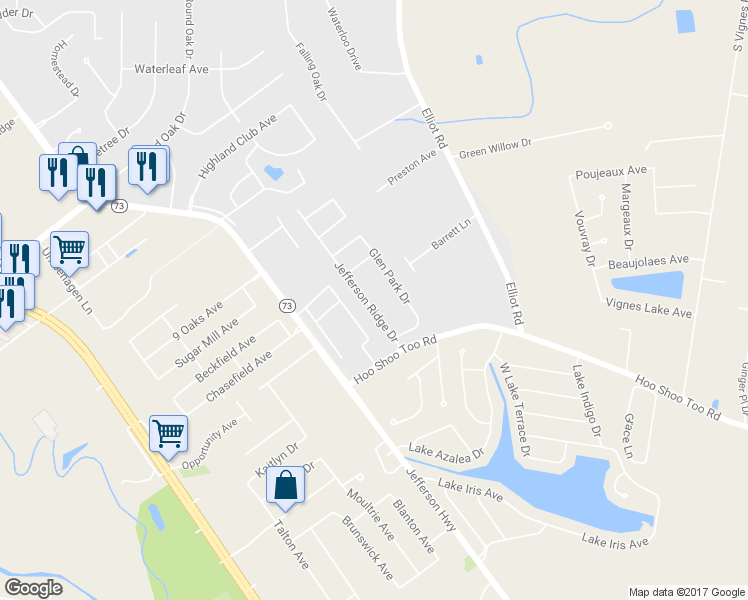 map of restaurants, bars, coffee shops, grocery stores, and more near 18031 Jefferson Ridge Drive in Baton Rouge