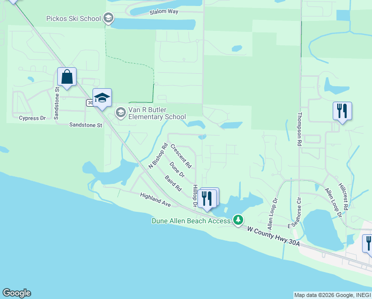 map of restaurants, bars, coffee shops, grocery stores, and more near 369 Hilltop Drive in Santa Rosa Beach