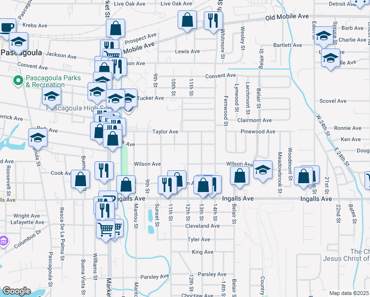map of restaurants, bars, coffee shops, grocery stores, and more near 2307 12th Street in Pascagoula