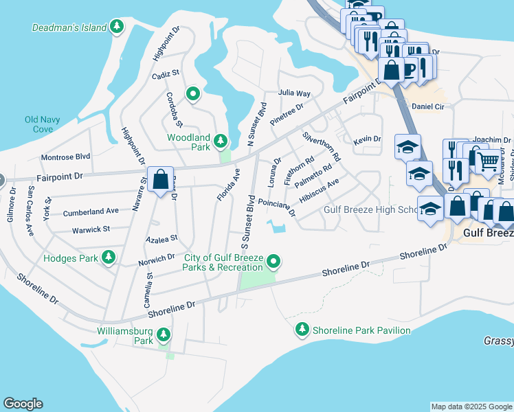 map of restaurants, bars, coffee shops, grocery stores, and more near 200 South Sunset Boulevard in Gulf Breeze