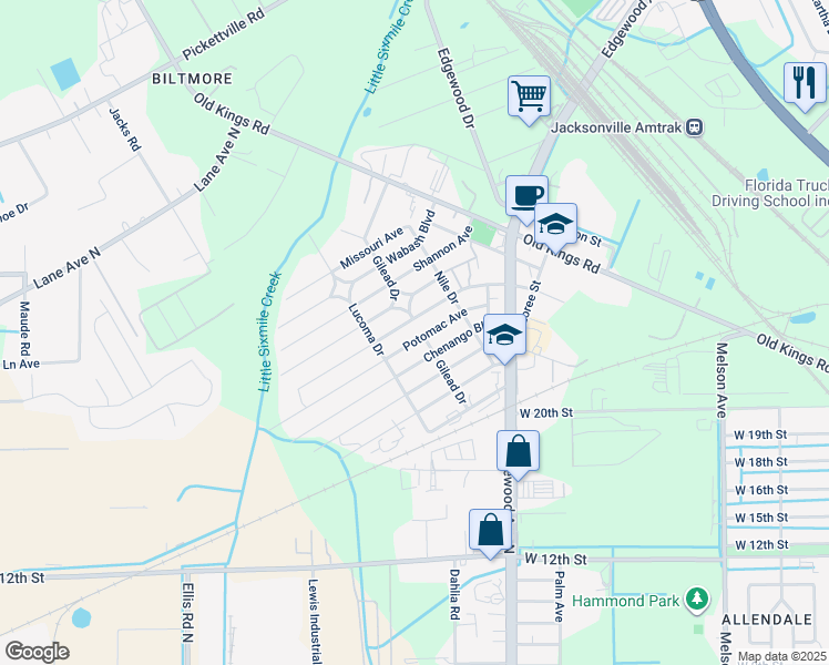 map of restaurants, bars, coffee shops, grocery stores, and more near 5307 Potomac Avenue in Jacksonville