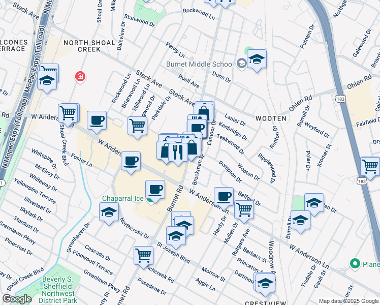 map of restaurants, bars, coffee shops, grocery stores, and more near Burnet Road in Austin