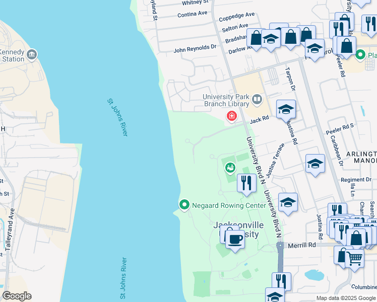 map of restaurants, bars, coffee shops, grocery stores, and more near 5355 Dolphin Point Boulevard in Jacksonville