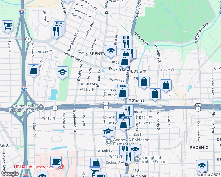 map of restaurants, bars, coffee shops, grocery stores, and more near 101 West 23rd Street in Jacksonville