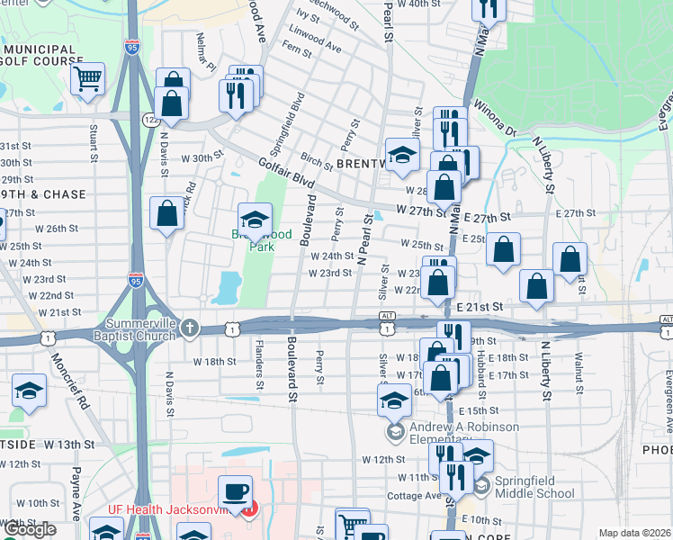map of restaurants, bars, coffee shops, grocery stores, and more near in Jacksonville