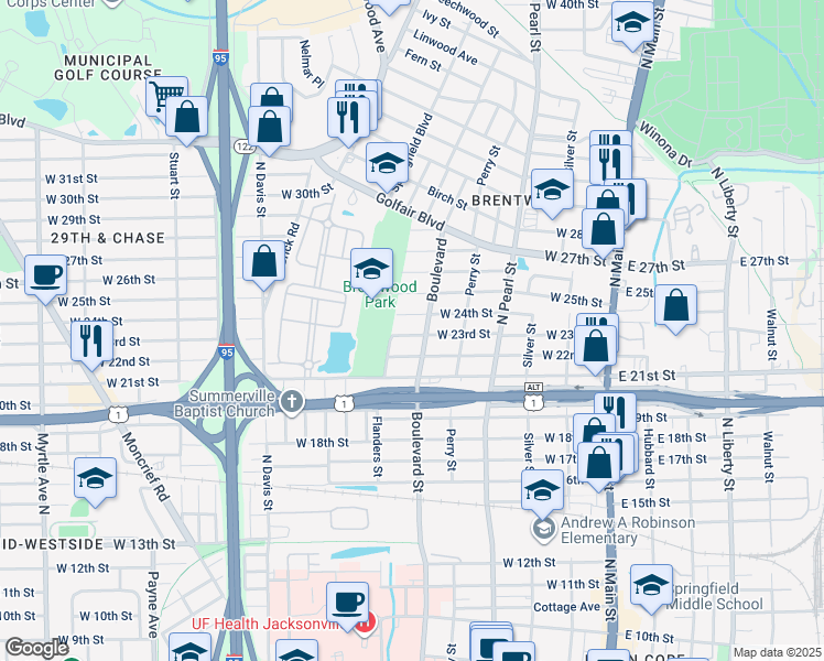 map of restaurants, bars, coffee shops, grocery stores, and more near 525 West 23rd Street in Jacksonville