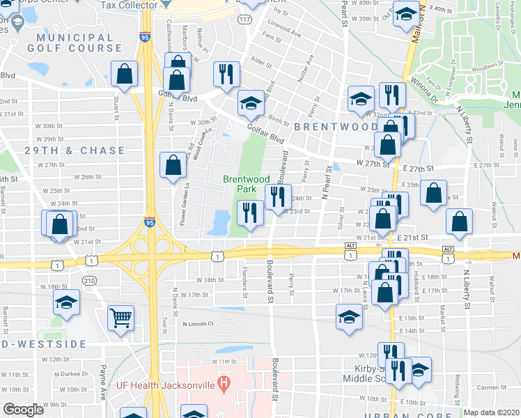 map of restaurants, bars, coffee shops, grocery stores, and more near 525 West 23rd Street in Jacksonville