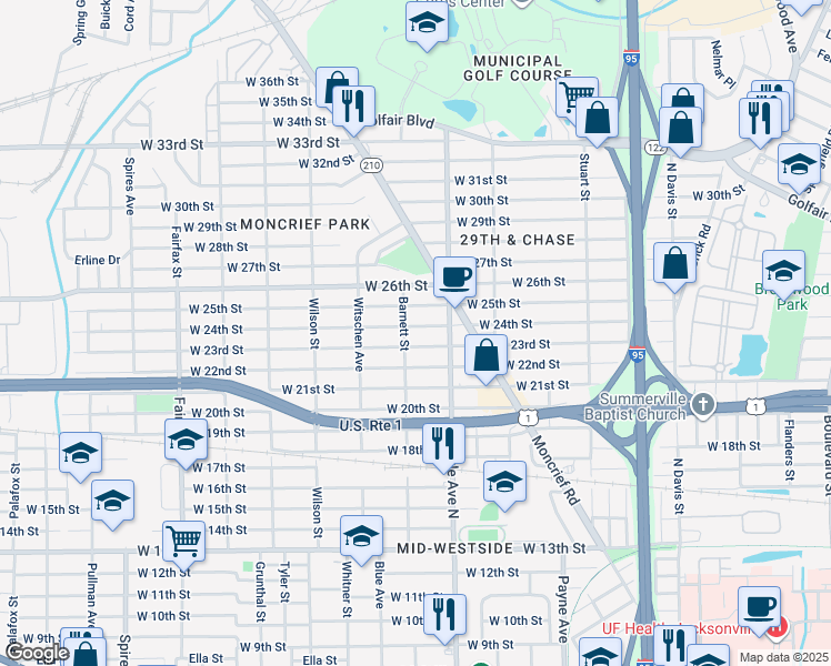 map of restaurants, bars, coffee shops, grocery stores, and more near 1408 West 24th Street in Jacksonville
