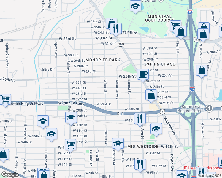 map of restaurants, bars, coffee shops, grocery stores, and more near 1532 West 24th Street in Jacksonville