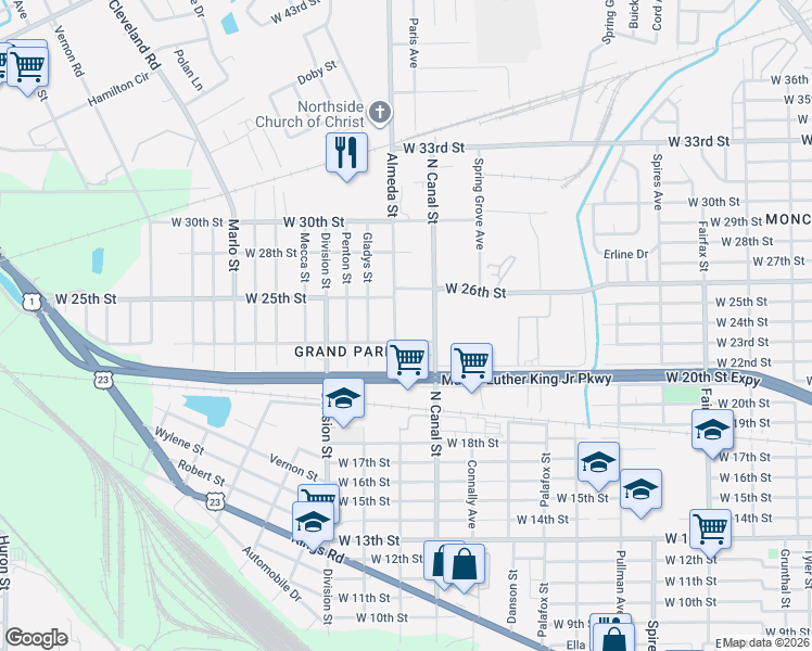 map of restaurants, bars, coffee shops, grocery stores, and more near 3310 Almeda Street in Jacksonville