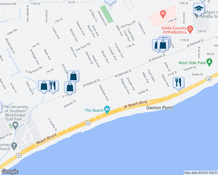 map of restaurants, bars, coffee shops, grocery stores, and more near 807 Hardy Avenue in Gulfport
