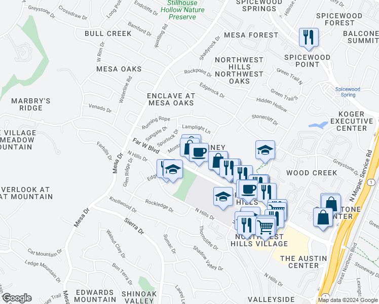 map of restaurants, bars, coffee shops, grocery stores, and more near 7164 Chimney Corners in Austin