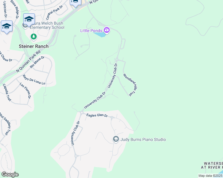 map of restaurants, bars, coffee shops, grocery stores, and more near 2408 Hunters Green Court in Austin