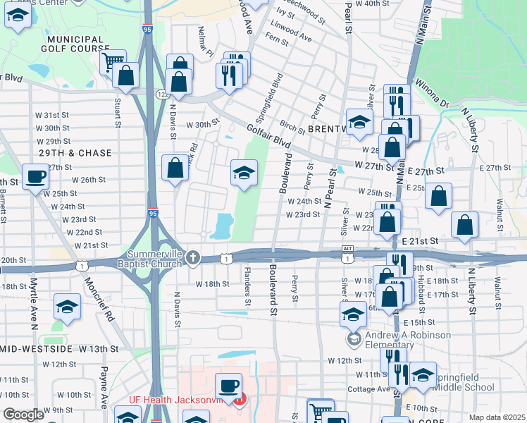 map of restaurants, bars, coffee shops, grocery stores, and more near 539 West 23rd Street in Jacksonville