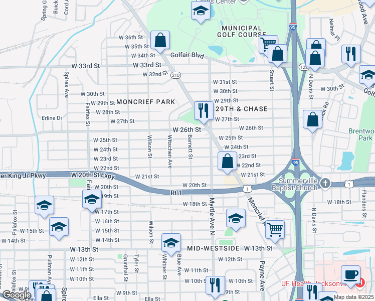 map of restaurants, bars, coffee shops, grocery stores, and more near 1408 West 24th Street in Jacksonville