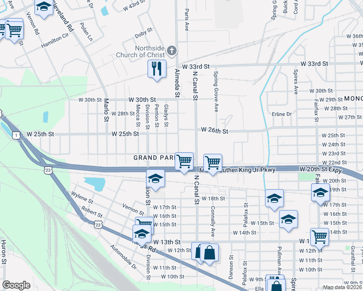 map of restaurants, bars, coffee shops, grocery stores, and more near 3310 Almeda Street in Jacksonville