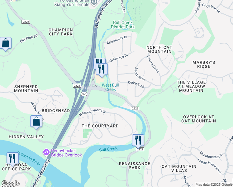 map of restaurants, bars, coffee shops, grocery stores, and more near Ranch Road 2222 in Austin
