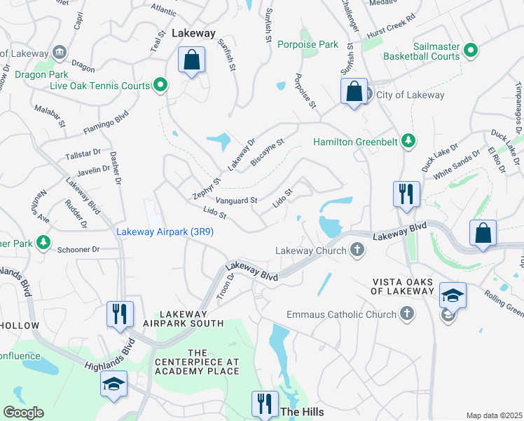 map of restaurants, bars, coffee shops, grocery stores, and more near 104 Kite Street in Lakeway