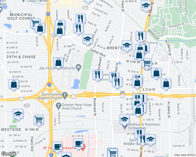map of restaurants, bars, coffee shops, grocery stores, and more near 435 West 23rd Street in Jacksonville