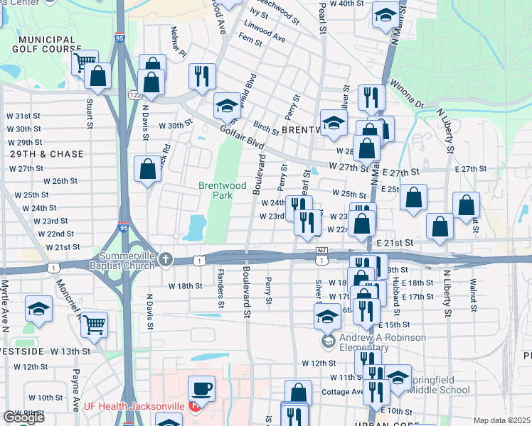 map of restaurants, bars, coffee shops, grocery stores, and more near 415 West 23rd Street in Jacksonville
