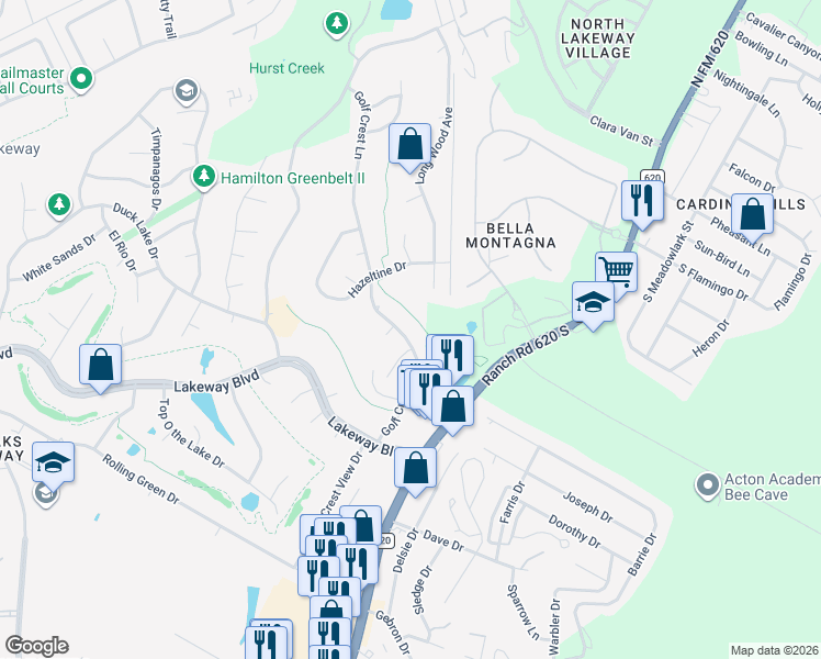 map of restaurants, bars, coffee shops, grocery stores, and more near 308 Golf Crest Lane in Lakeway