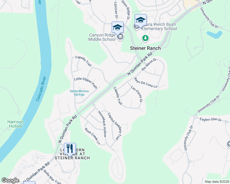 map of restaurants, bars, coffee shops, grocery stores, and more near 12409 Capella Trail in Austin