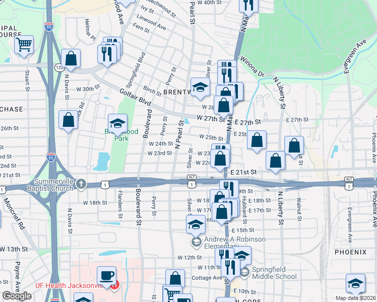 map of restaurants, bars, coffee shops, grocery stores, and more near 203 West 23rd Street in Jacksonville