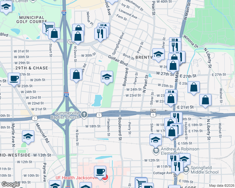 map of restaurants, bars, coffee shops, grocery stores, and more near 525 West 23rd Street in Jacksonville