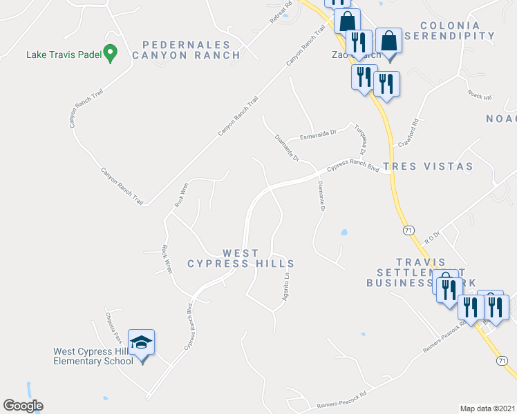 map of restaurants, bars, coffee shops, grocery stores, and more near 5213 Cypress Ranch Boulevard in Spicewood